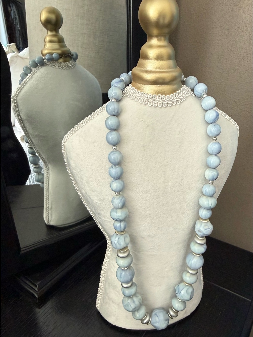 VTG Pale Blue Marbled Bead Necklace with Silver Accents